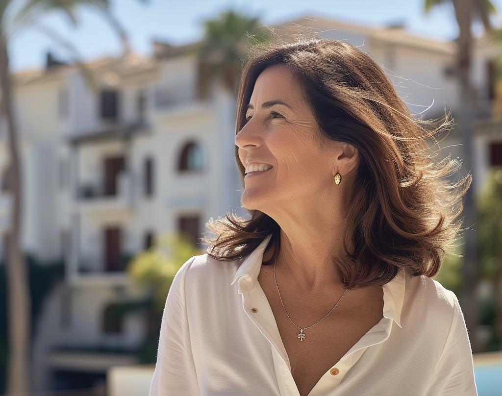 A beautiful partial rear shot, side profile, of a middle age brown hair woman smiling in front of her luxury apartment in Marbella. Sunny day, sharp morning light, Spain, elegant and relaxed clothing